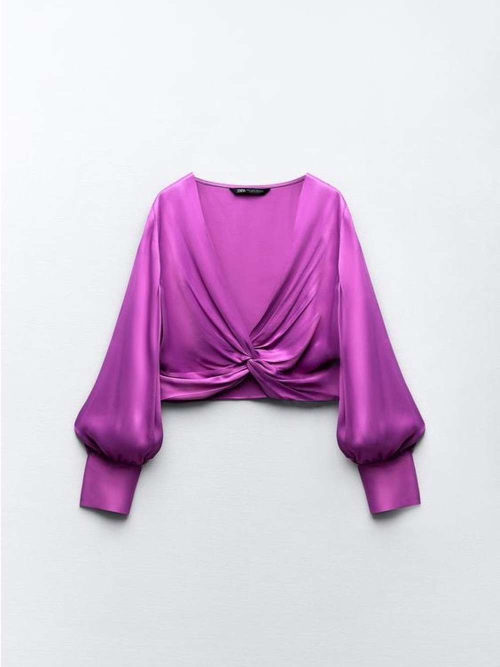 Zara Magenta Satin Twist-Front Crop Blouse